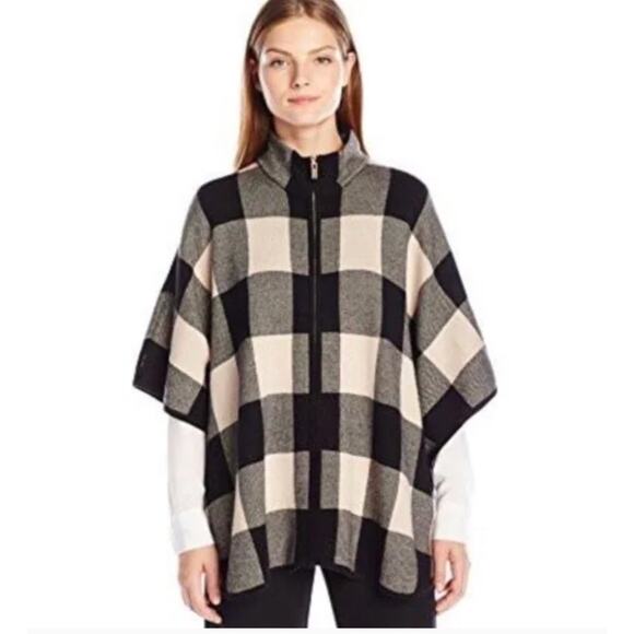 Jones New York Signature 0X 1X XL Sweater Poncho Cape Gingham Buffalo Plaid Blue - Picture 1 of 10